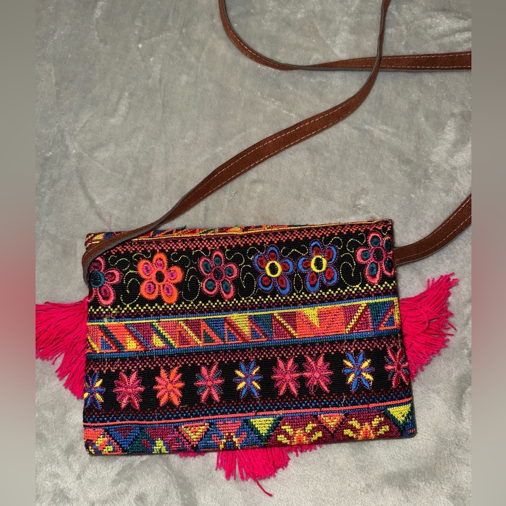 Colorful Patterned Crossbody Bag with Tassels - Picture 2 of 7